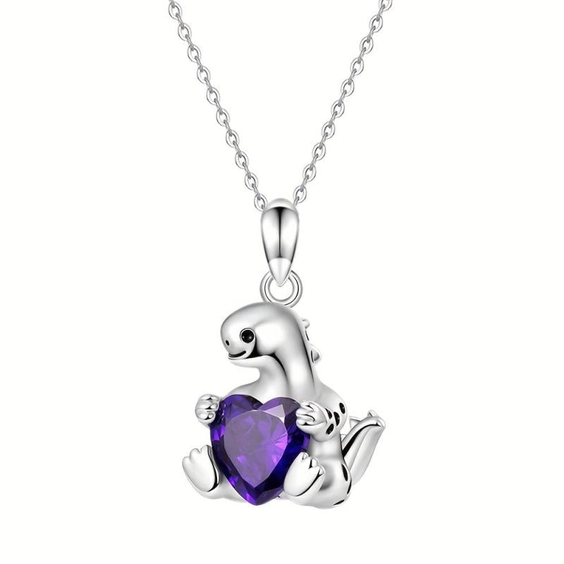 Heart Shape Amethyst Dinosaur Pendant Necklace Women Party Animal Jewelry