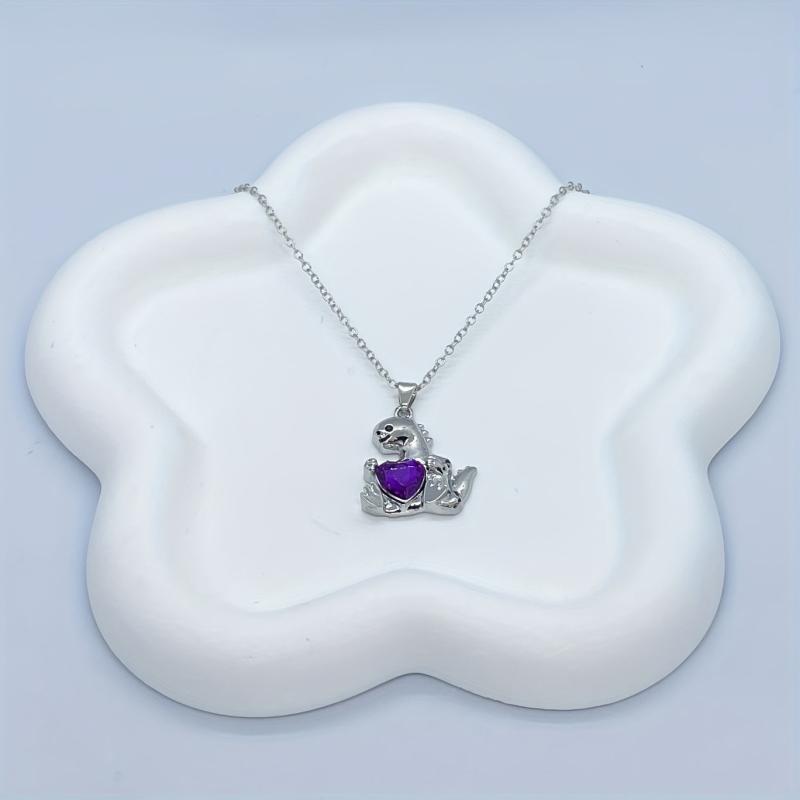 Heart Shape Amethyst Dinosaur Pendant Necklace Women Party Animal Jewelry