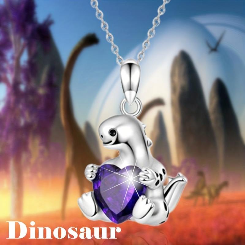 Heart Shape Amethyst Dinosaur Pendant Necklace Women Party Animal Jewelry