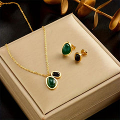 Green & Agate Earrings Necklace Set for Women