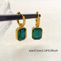 Green Crystal Square Earrings, Titanium Steel Women's Jewelry
