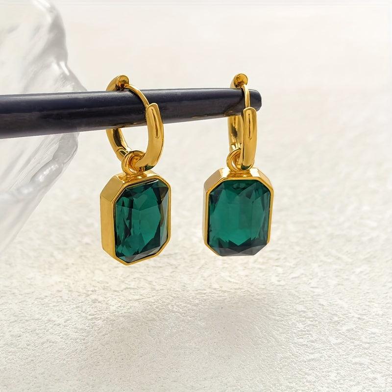Green Crystal Square Earrings, Titanium Steel Women's Jewelry