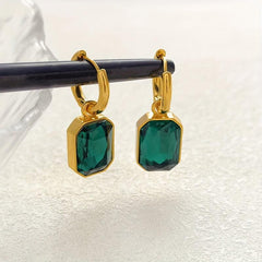 Green Crystal Square Earrings, Titanium Steel Women's Jewelry