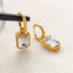 Green Crystal Square Earrings, Titanium Steel Women's Jewelry