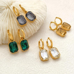 Green Crystal Square Earrings, Titanium Steel Women's Jewelry
