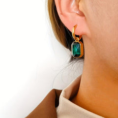 Green Crystal Square Earrings, Titanium Steel Women's Jewelry