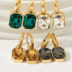 Green Crystal Square Earrings, Titanium Steel Women's Jewelry
