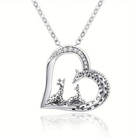 Mother And Child Giraffe Heart Pendant Necklace Holiday Jewelry
