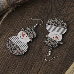 Snowman With Leopard Pattern Dangle Earrings Retro Style Wooden Jewelry