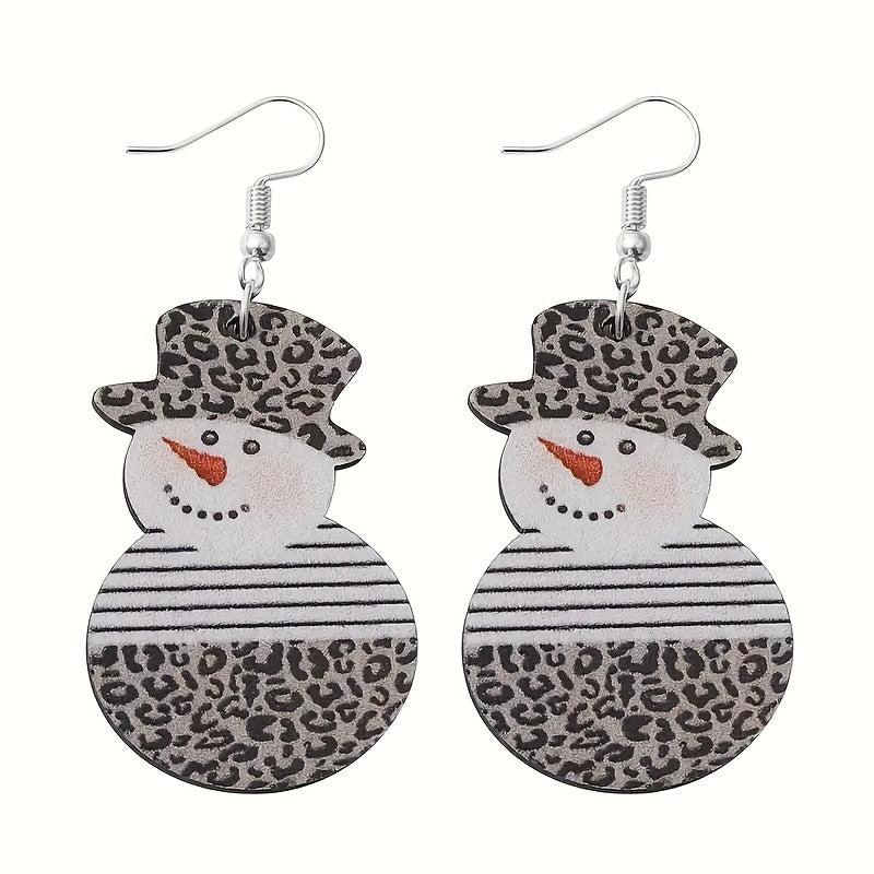 Snowman With Leopard Pattern Dangle Earrings Retro Style Wooden Jewelry