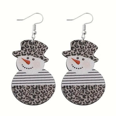 Snowman With Leopard Pattern Dangle Earrings Retro Style Wooden Jewelry