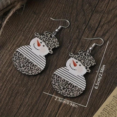 Snowman With Leopard Pattern Dangle Earrings Retro Style Wooden Jewelry