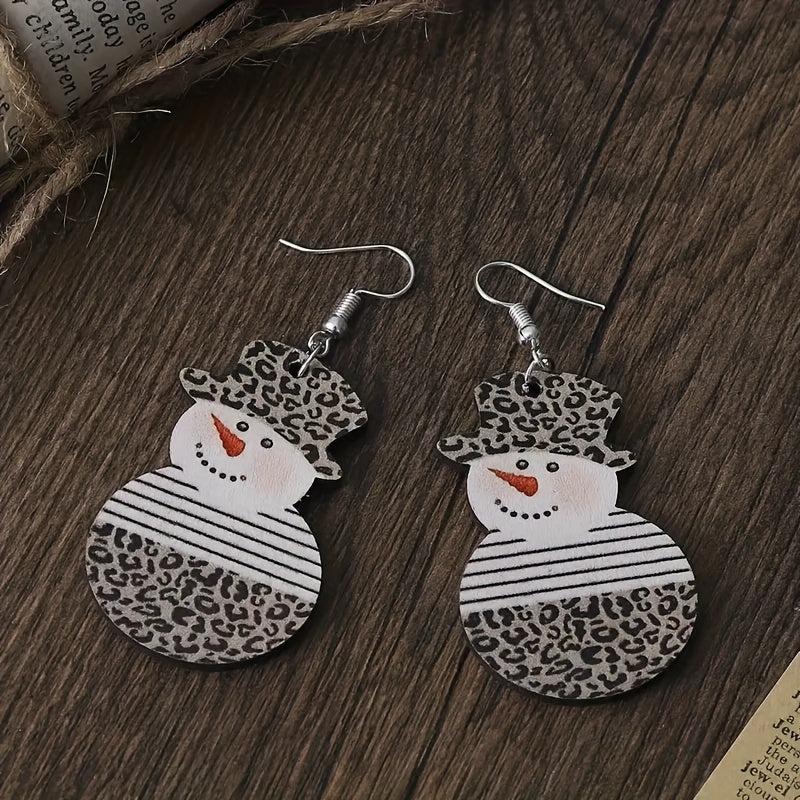Snowman With Leopard Pattern Dangle Earrings Retro Style Wooden Jewelry