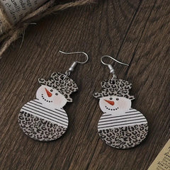 Snowman With Leopard Pattern Dangle Earrings Retro Style Wooden Jewelry