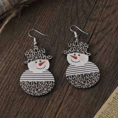 Snowman With Leopard Pattern Dangle Earrings Retro Style Wooden Jewelry