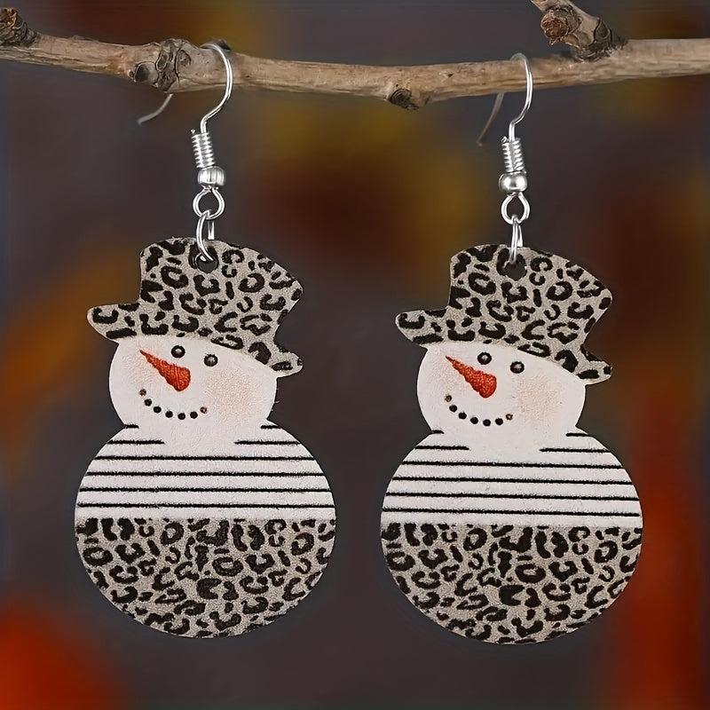 Snowman With Leopard Pattern Dangle Earrings Retro Style Wooden Jewelry