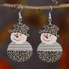 Snowman With Leopard Pattern Dangle Earrings Retro Style Wooden Jewelry