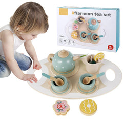 14Pcs Toy Tea Set Wooden Afternoon Tea Party Playset for Kids