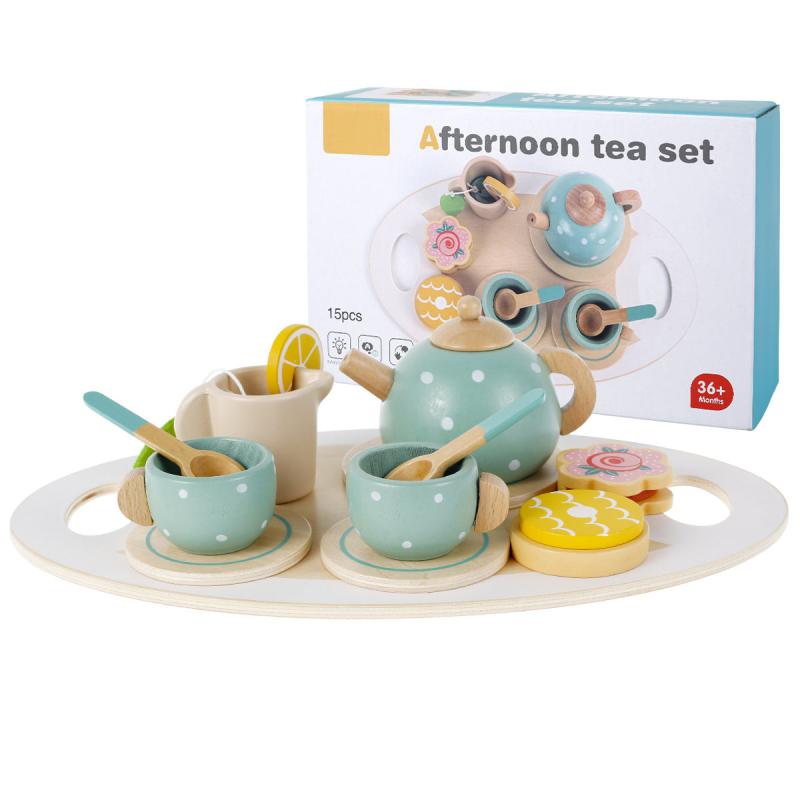 14Pcs Toy Tea Set Wooden Afternoon Tea Party Playset for Kids