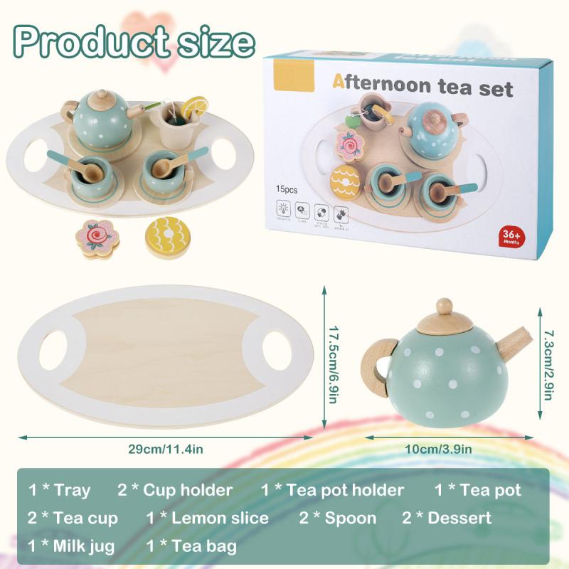 14Pcs Toy Tea Set Wooden Afternoon Tea Party Playset for Kids