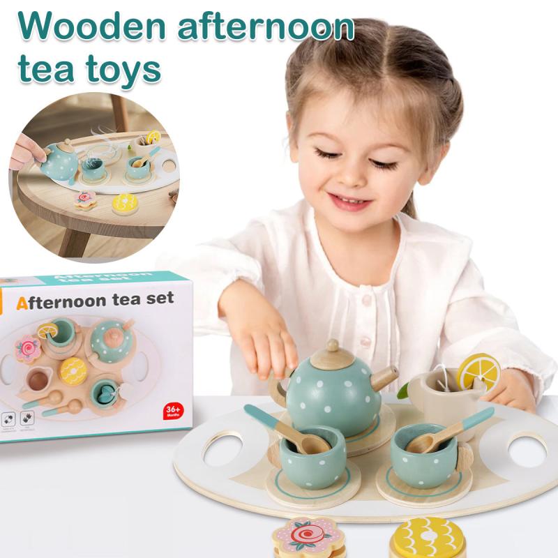 14Pcs Toy Tea Set Wooden Afternoon Tea Party Playset for Kids