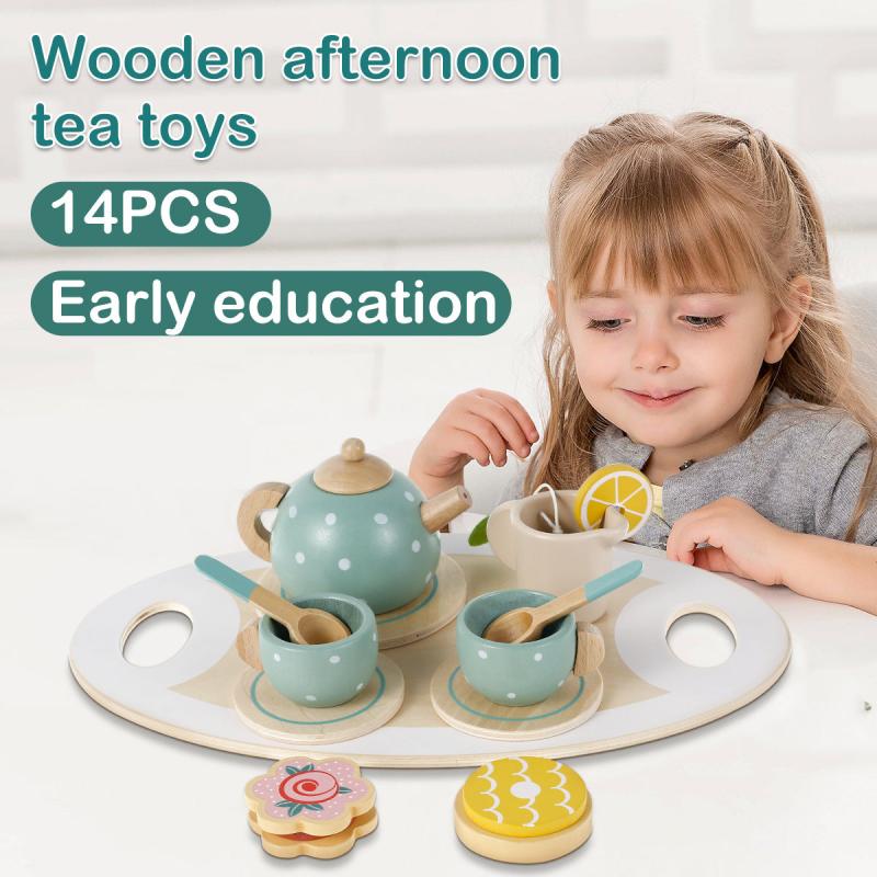 14Pcs Toy Tea Set Wooden Afternoon Tea Party Playset for Kids