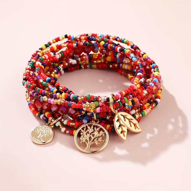 Bohemian Beaded Bracelet Set with Tree of Life Pendant