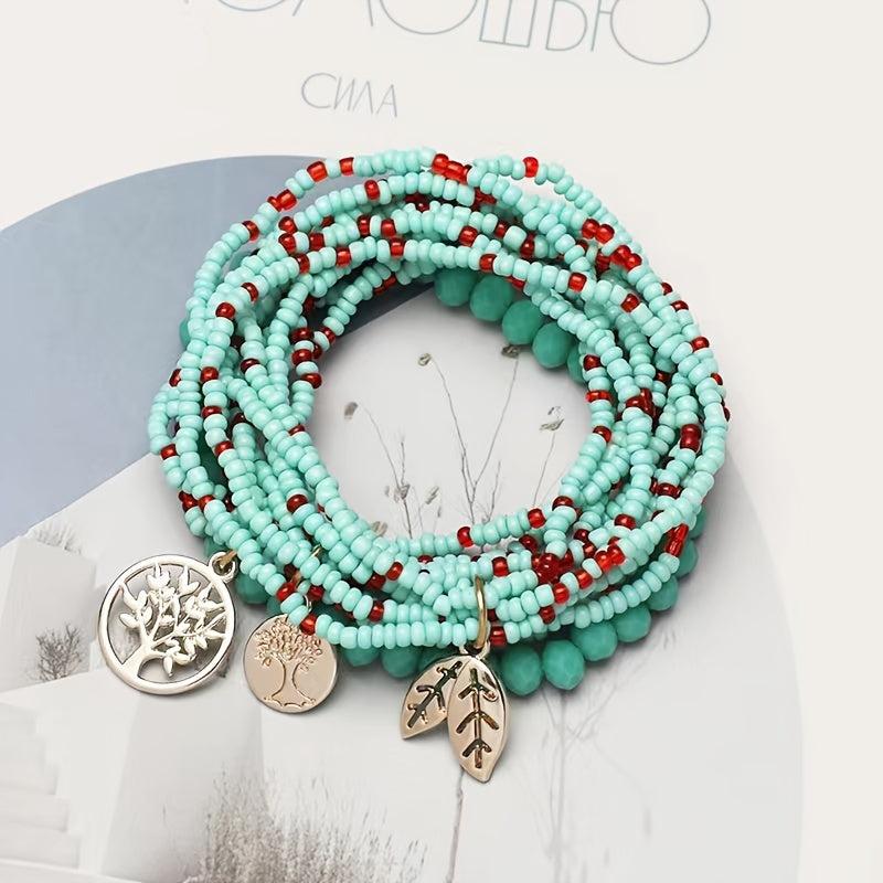 Bohemian Beaded Bracelet Set with Tree of Life Pendant