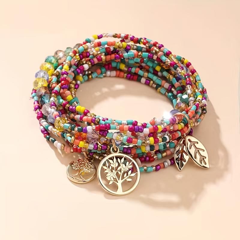 Bohemian Beaded Bracelet Set with Tree of Life Pendant