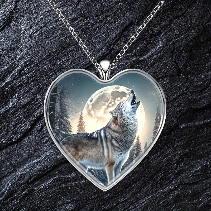 Wolf Under The Moon Heart Pendant Necklace Animal Print Halloween Gift