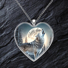 Wolf Under The Moon Heart Pendant Necklace Animal Print Halloween Gift