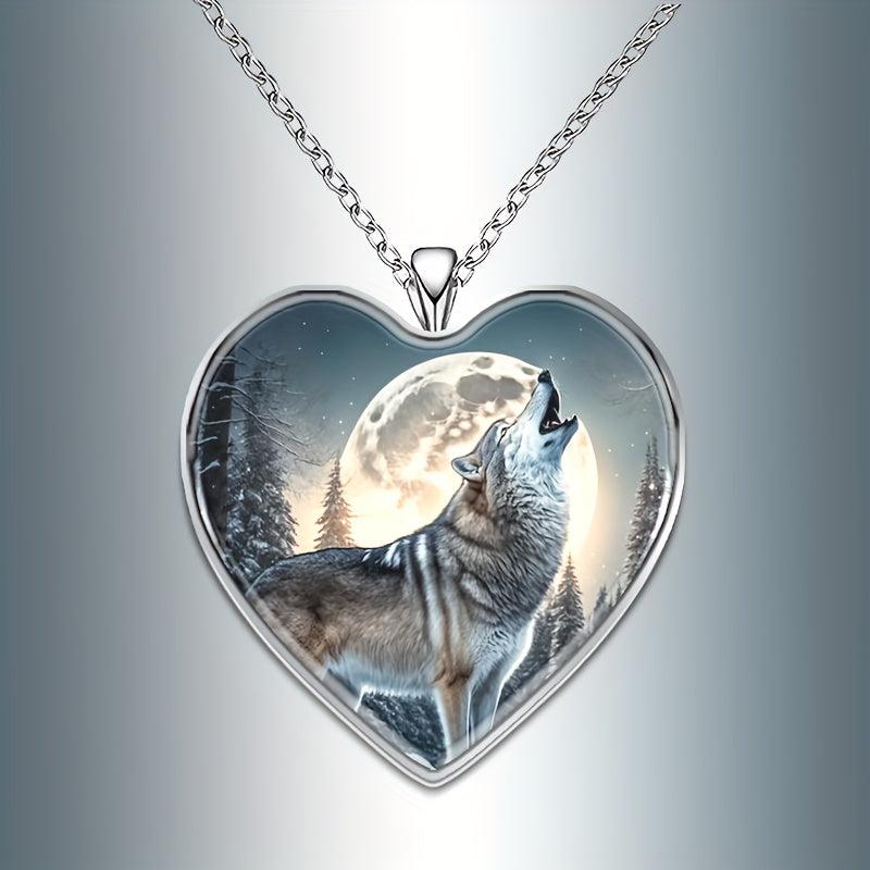 Wolf Under The Moon Heart Pendant Necklace Animal Print Halloween Gift