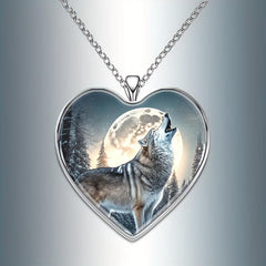 Wolf Under The Moon Heart Pendant Necklace Animal Print Halloween Gift