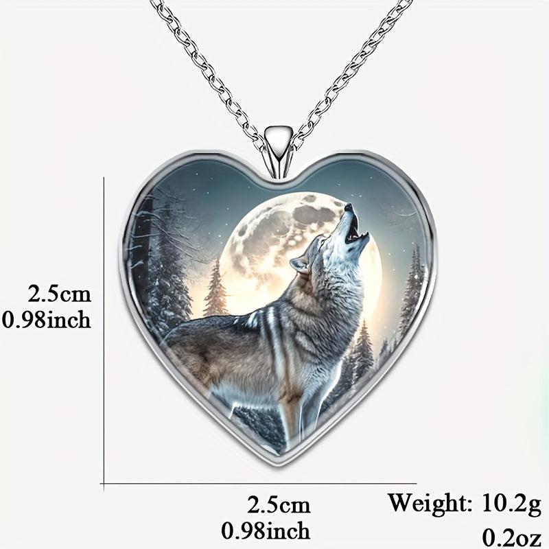 Wolf Under The Moon Heart Pendant Necklace Animal Print Halloween Gift