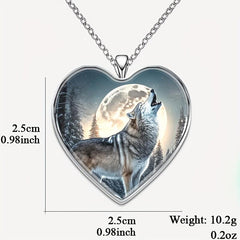 Wolf Under The Moon Heart Pendant Necklace Animal Print Halloween Gift