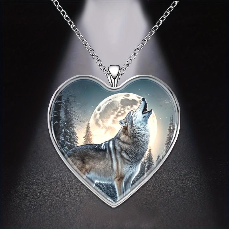 Wolf Under The Moon Heart Pendant Necklace Animal Print Halloween Gift