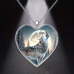 Wolf Under The Moon Heart Pendant Necklace Animal Print Halloween Gift
