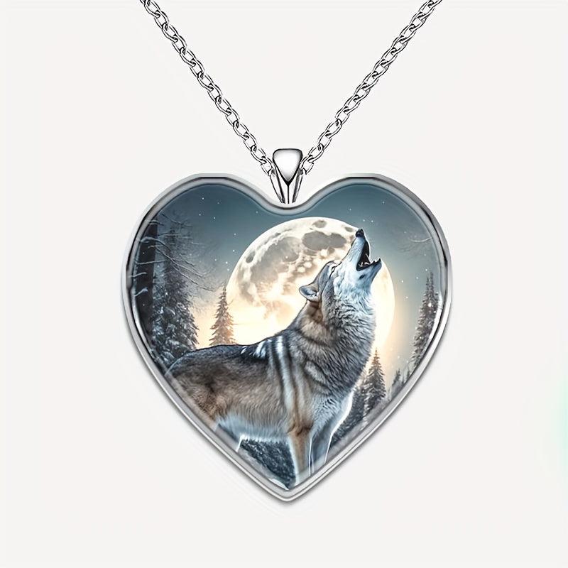 Wolf Under The Moon Heart Pendant Necklace Animal Print Halloween Gift