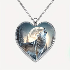 Wolf Under The Moon Heart Pendant Necklace Animal Print Halloween Gift