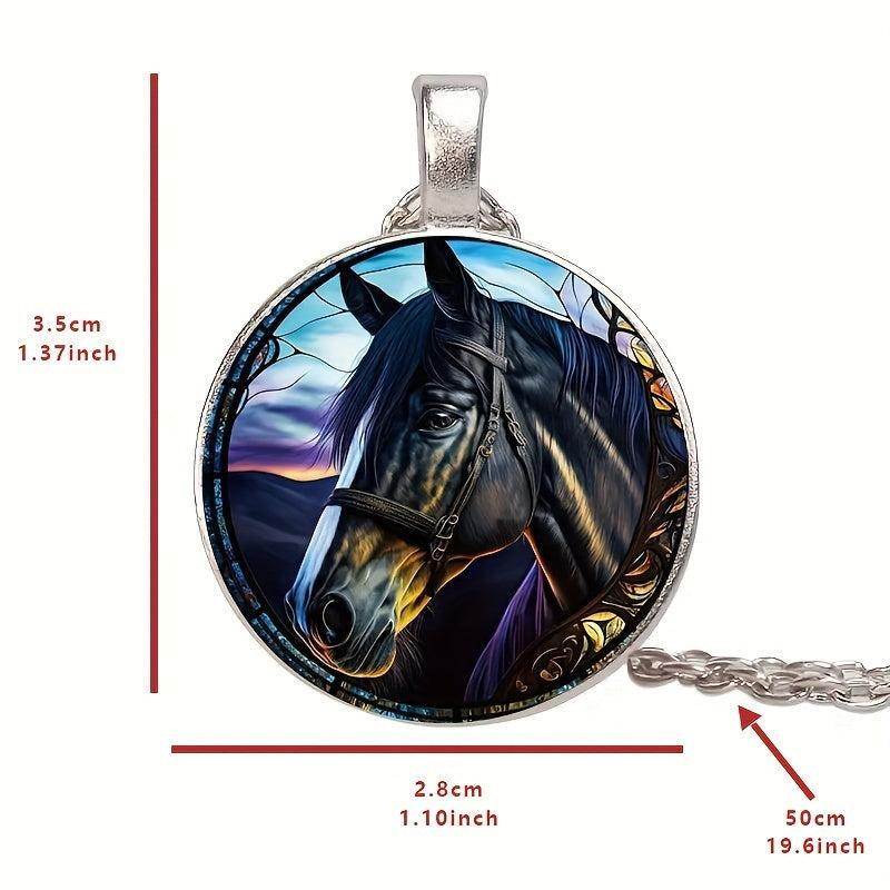 Round Halloween Horse Crystal Pendant Necklace for Men and Women