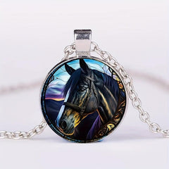 Round Halloween Horse Crystal Pendant Necklace for Men and Women