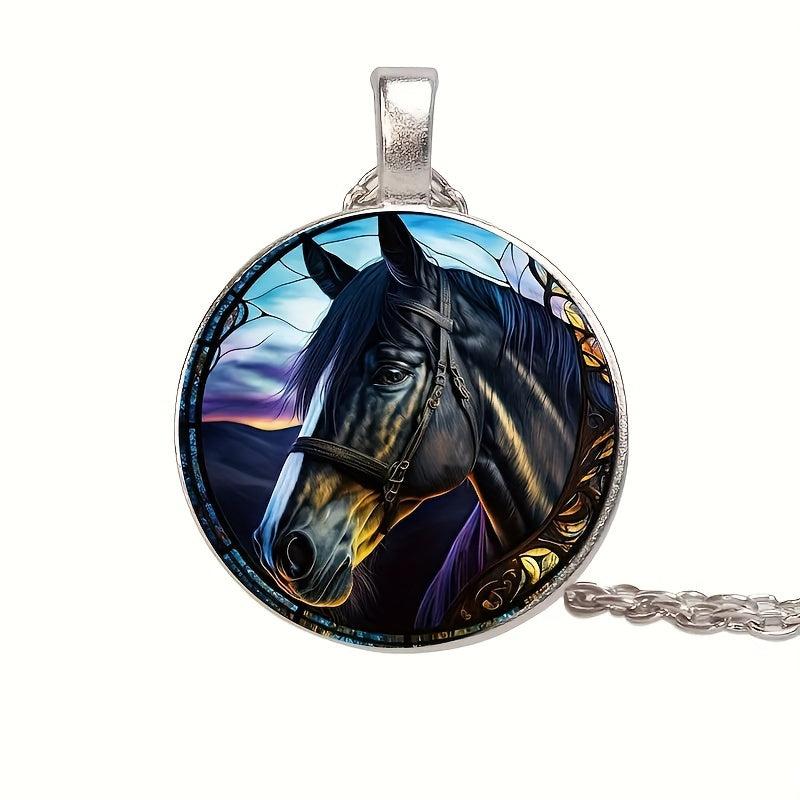 Round Halloween Horse Crystal Pendant Necklace for Men and Women