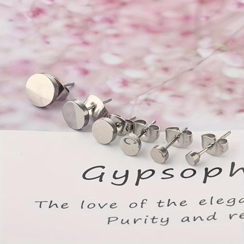 6 Pcs Stainless Steel Round Stud Earrings Set 3 4 5 6 8mm
