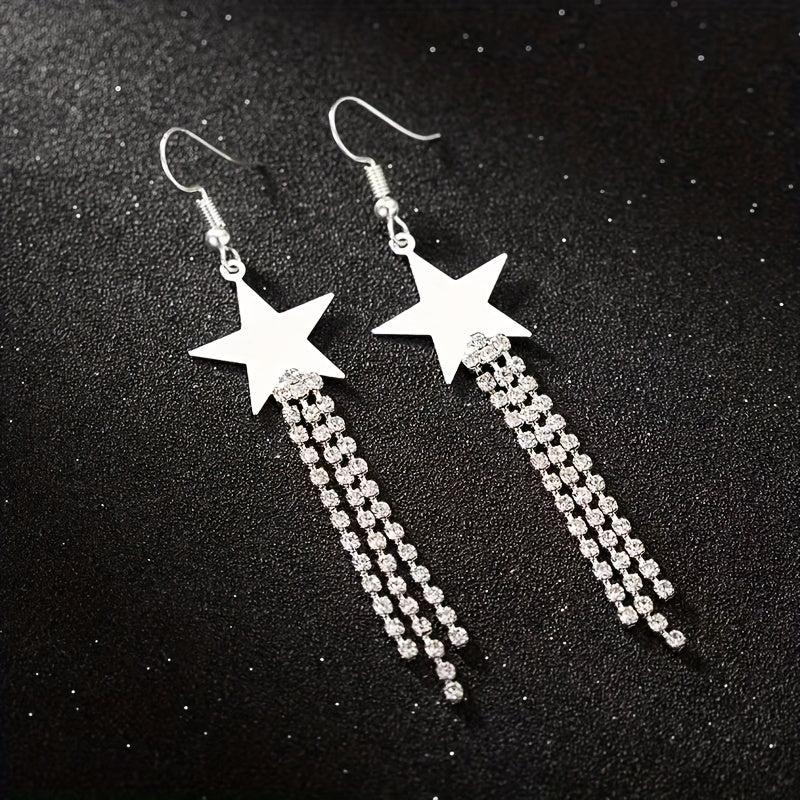 Long Star Tassel Earrings with Rhinestones