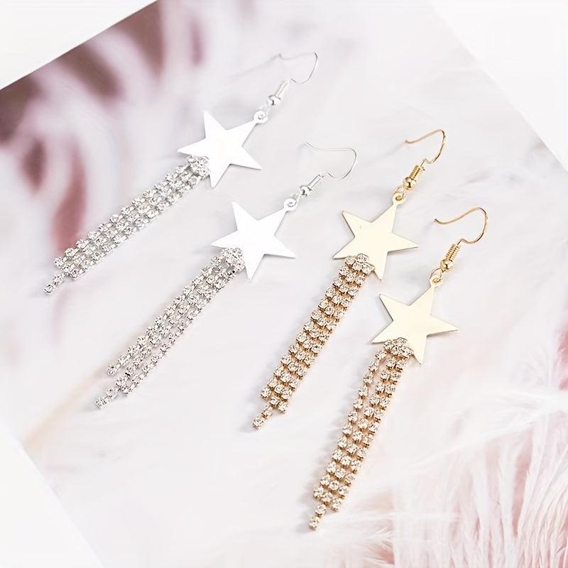 Long Star Tassel Earrings with Rhinestones