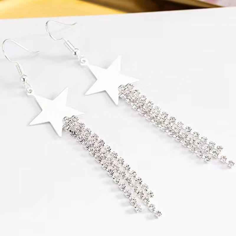 Long Star Tassel Earrings with Rhinestones