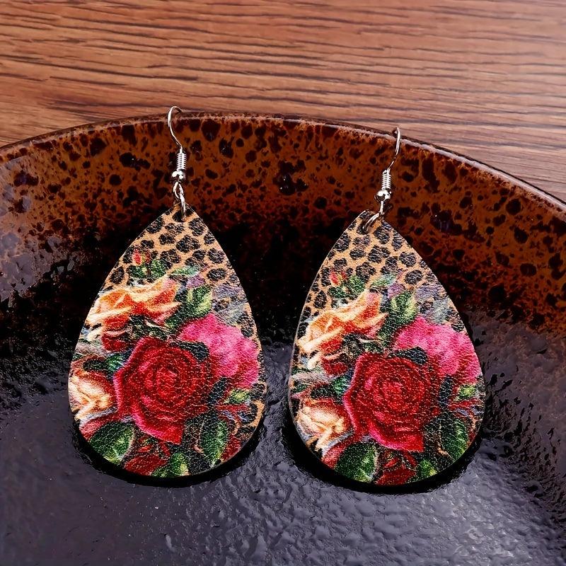Vintage Rose PU Leather Drop Earrings Party Jewelry