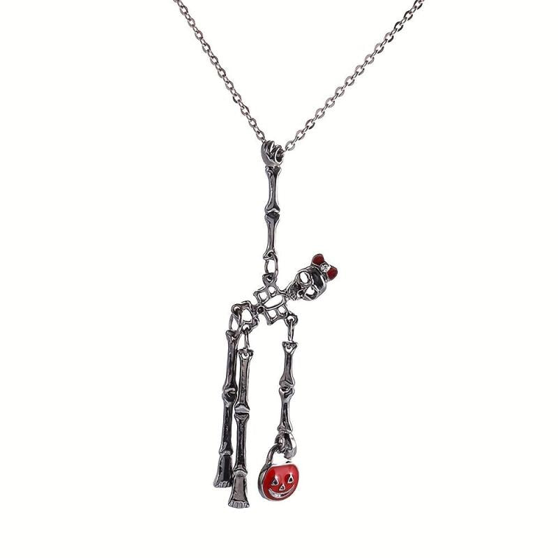 2pcs Halloween Skeleton Earrings & Pumpkin Key Chain Necklace Set