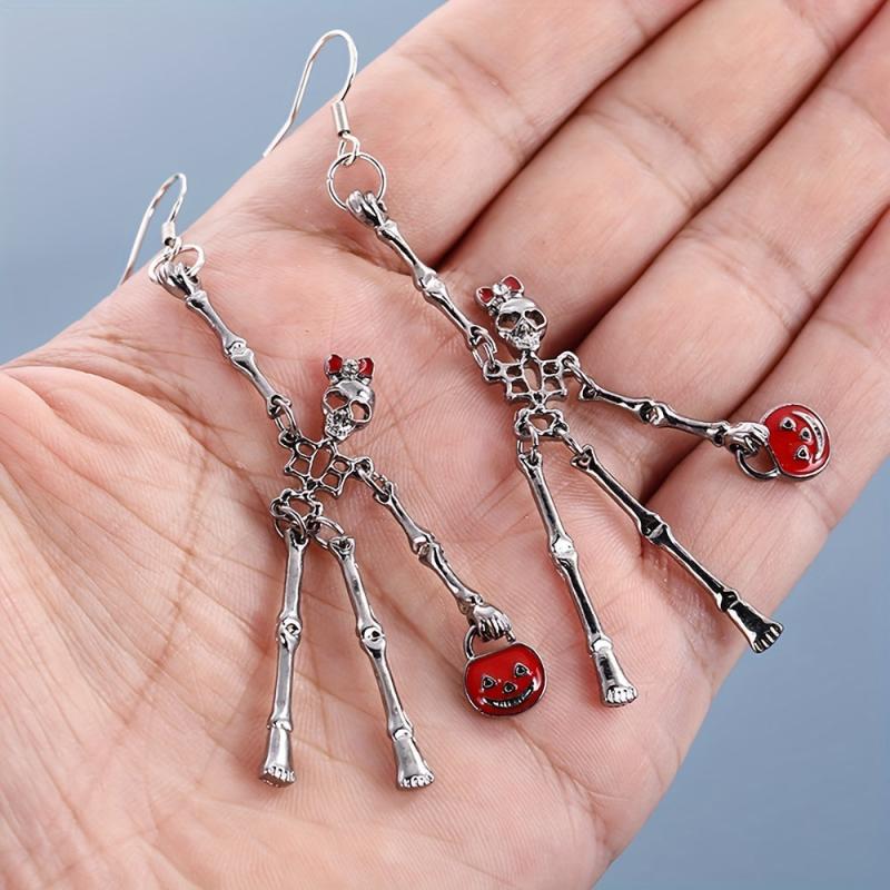 2pcs Halloween Skeleton Earrings & Pumpkin Key Chain Necklace Set