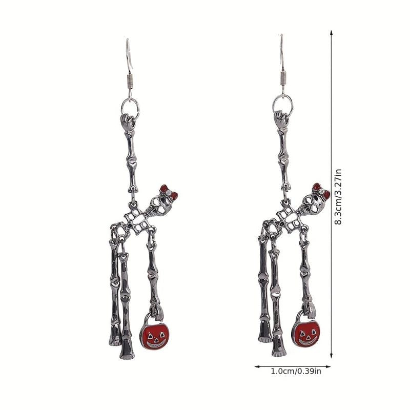 2pcs Halloween Skeleton Earrings & Pumpkin Key Chain Necklace Set